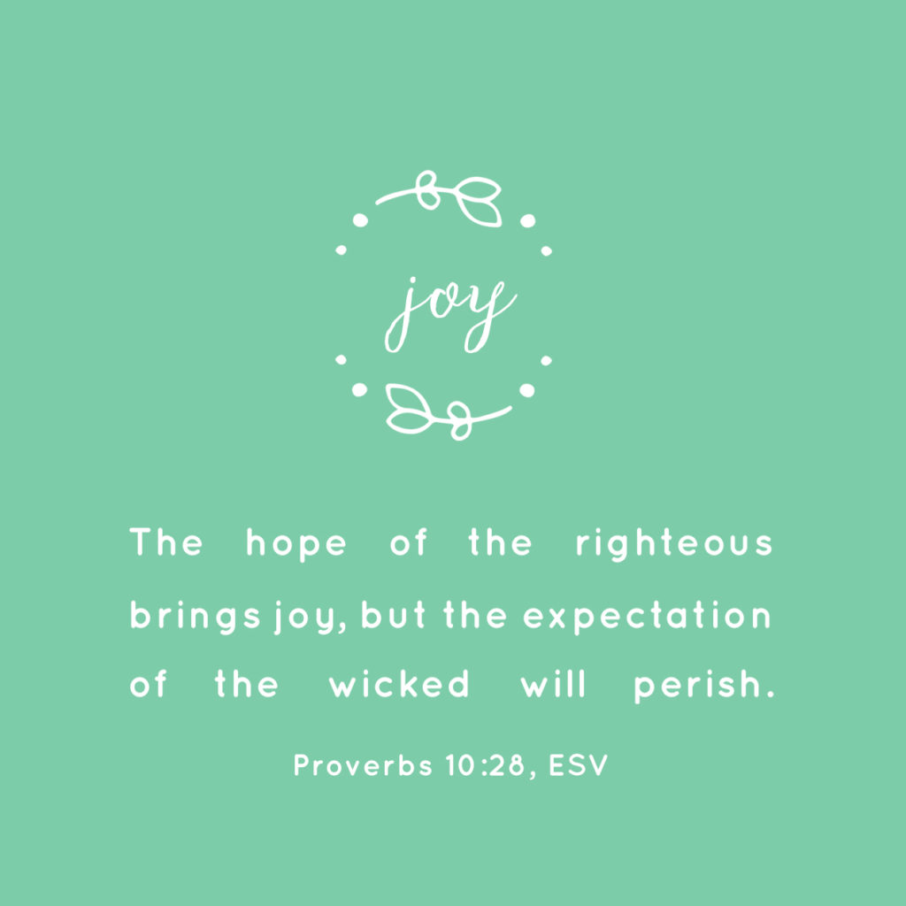 Free Bible Printable! Proverbs 10:28 tells us the hope of the righteous brings joy!